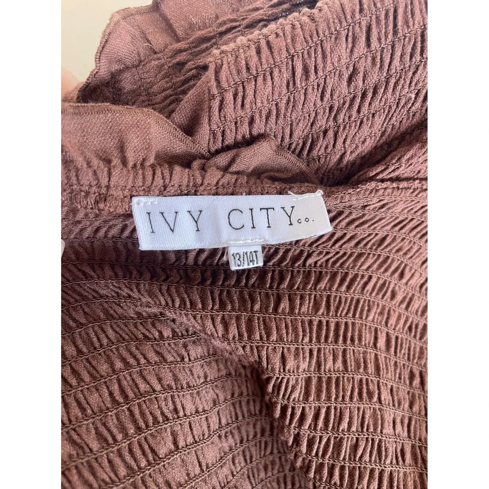 IVY CITY Chocolate Brown Girls Smocked Long Sleeve Dress Pockets Mock Neck 13/14